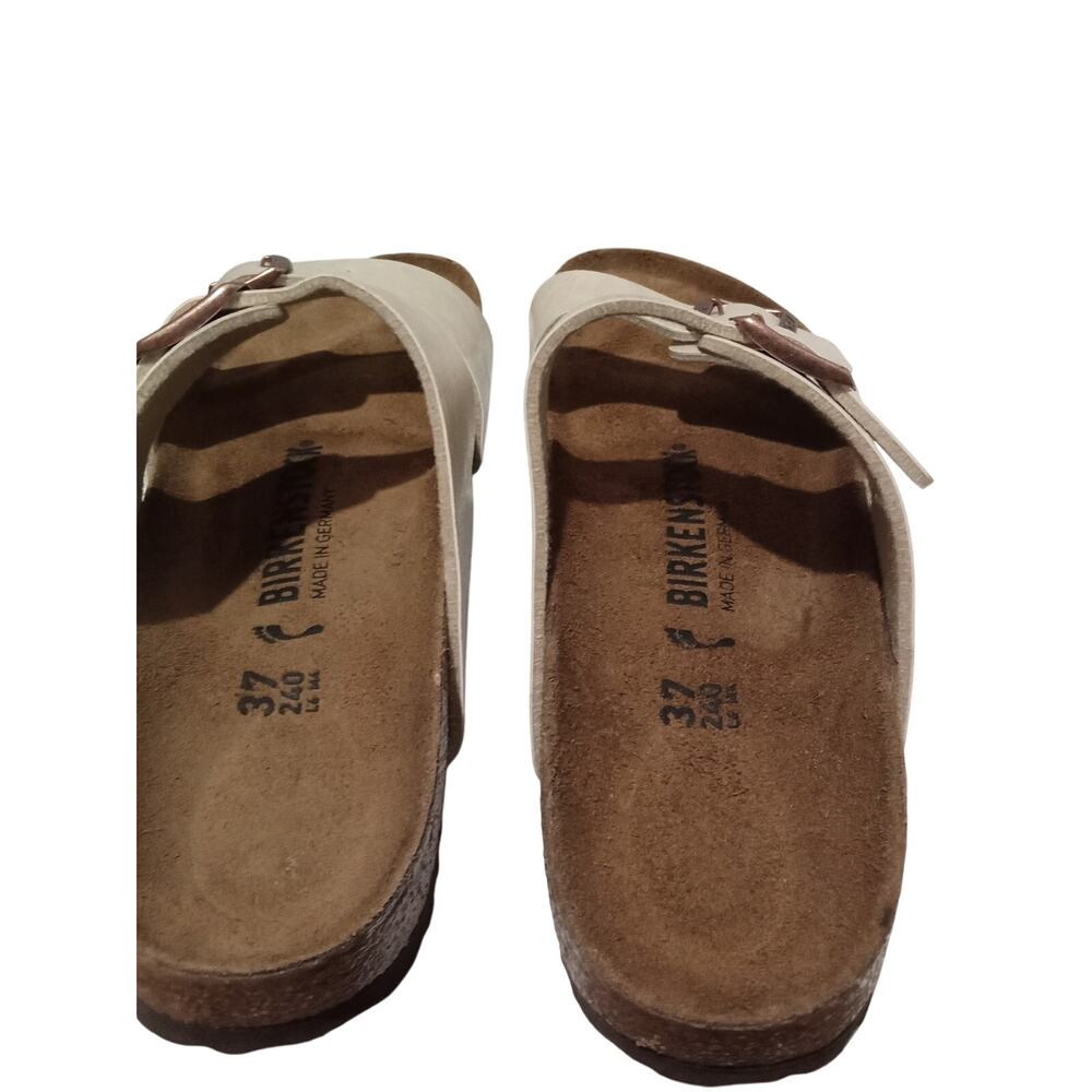 Birkenstock Made In Germany Pearl White Bronze Tone Logo Hardware Slides Size 37 - Picture 7 of 12